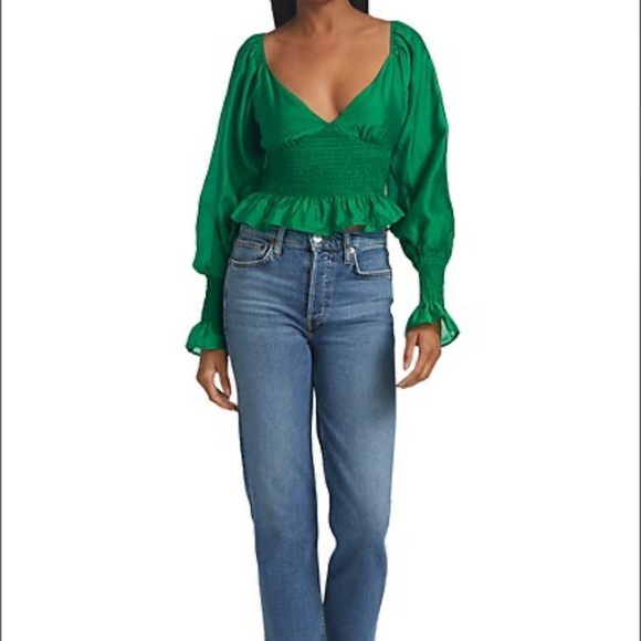 NWOT Wayf Heartbreaker Smocked Blouse in Pine Green - Picture 3 of 12